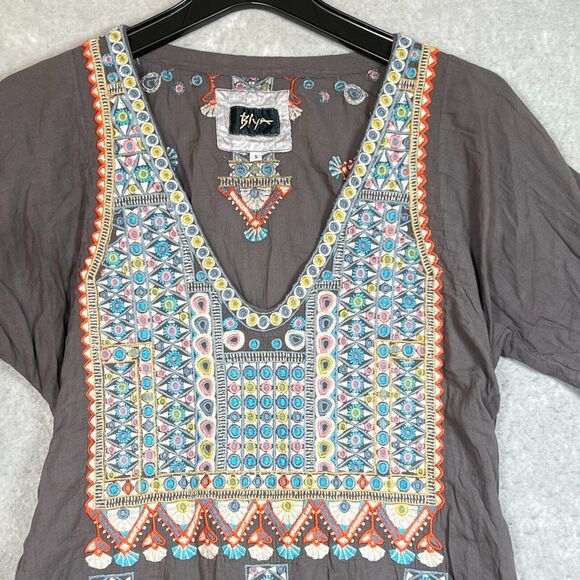 Johnny Was Biya Dress Womens Small Gray Mini Belted Peasant Hippie Embroidered - Picture 3 of 10